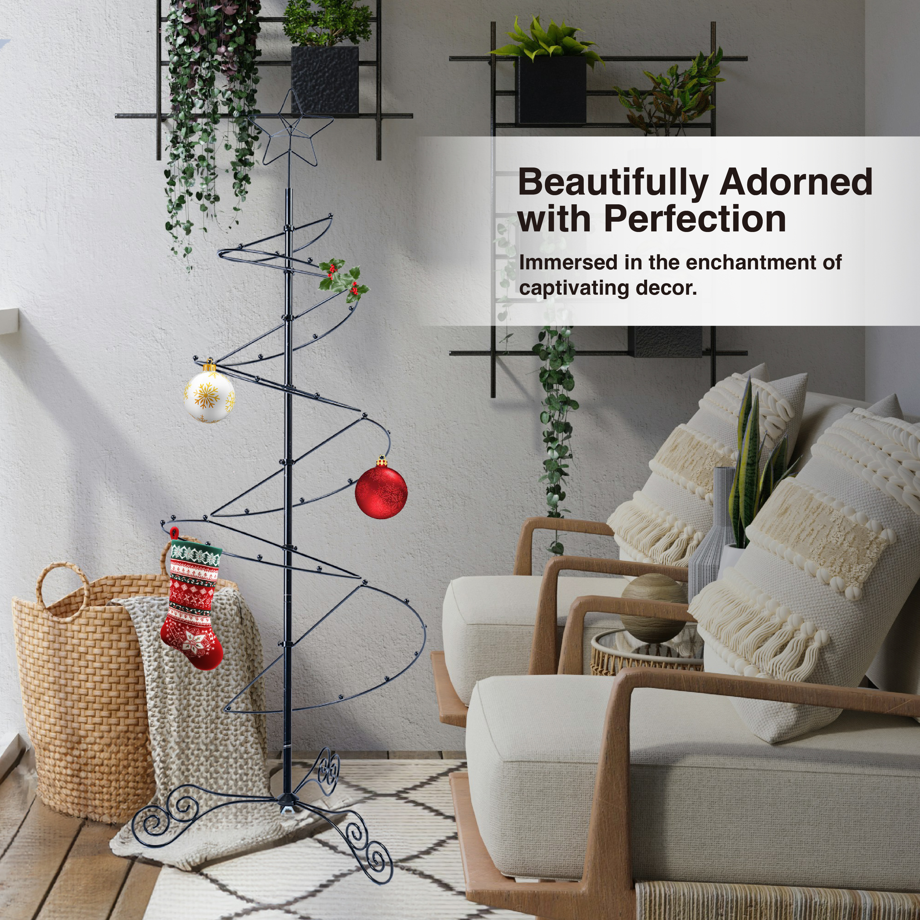 HOHIYA 3.3 FT Metal Spiral Christmas Tree Alternative Modern Wrought Iron Ornament Display Stand for Small Spaces 35 Hooks Hanging Tree for Holiday and Halloween Black